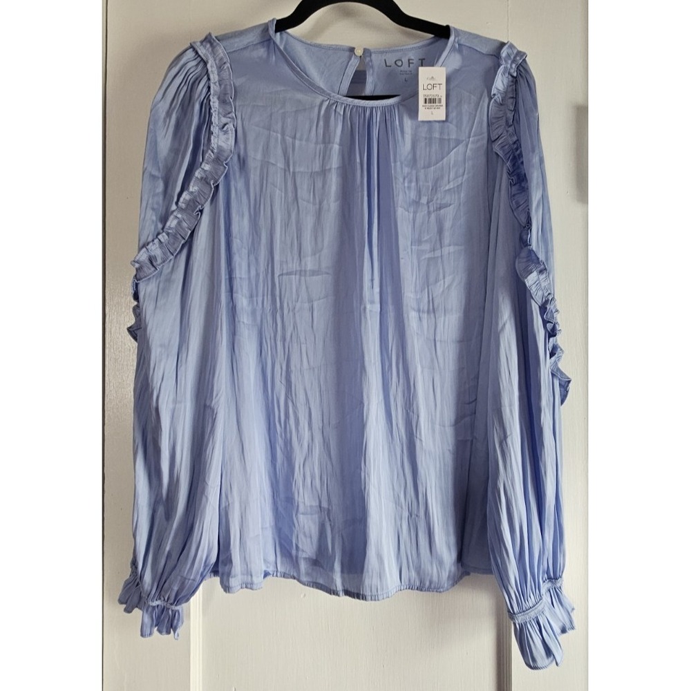 NWT LOFT ruffle trim sleeves blouse light blue woman Szโ L